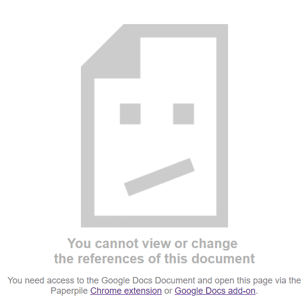 An error screen with a grey document icon reading “You cannot view or change the references of this document”, explaining that access to the Google Docs document and the Paperpile Chrome extension or Google Docs add-on are needed.